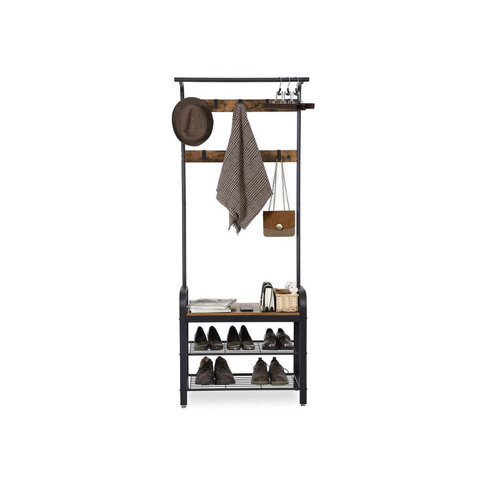 AUSLAUF VASAGLE | Coat Rack, Coat Stand with Shoe Storage Bench, 4-in-1 Design, with 9 Removable Hooks, a Clothes Rail, for Hallway, Entrance, 33.7 x 77 x 183 cm, Industrial, rustikal braun und Black HSR40B