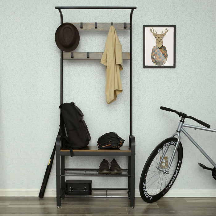AUSLAUF VASAGLE | Coat Rack, Coat Stand with Shoe Storage Bench, 4-in-1 Design, with 9 Removable Hooks, a Clothes Rail, for Hallway, Entrance, 33.7 x 77 x 183 cm, Industrial, rustikal braun und Black HSR40B