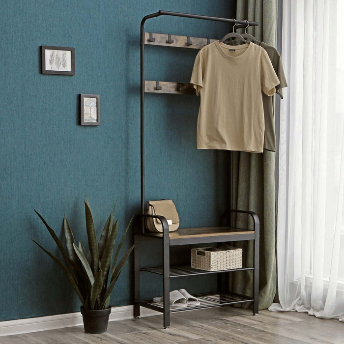 AUSLAUF VASAGLE | Coat Rack, Coat Stand with Shoe Storage Bench, 4-in-1 Design, with 9 Removable Hooks, a Clothes Rail, for Hallway, Entrance, 33.7 x 77 x 183 cm, Industrial, rustikal braun und Black HSR40B