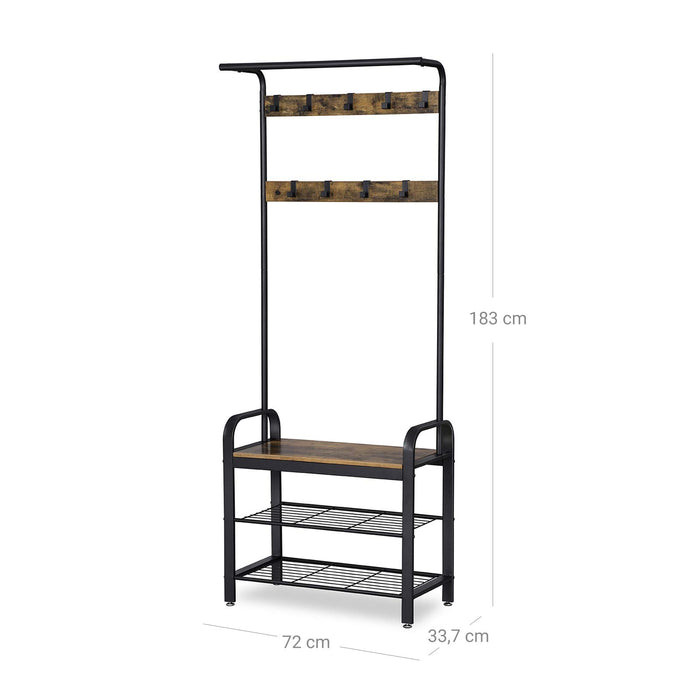 AUSLAUF VASAGLE | Coat Rack, Coat Stand with Shoe Storage Bench, 4-in-1 Design, with 9 Removable Hooks, a Clothes Rail, for Hallway, Entrance, 33.7 x 77 x 183 cm, Industrial, rustikal braun und Black HSR40B