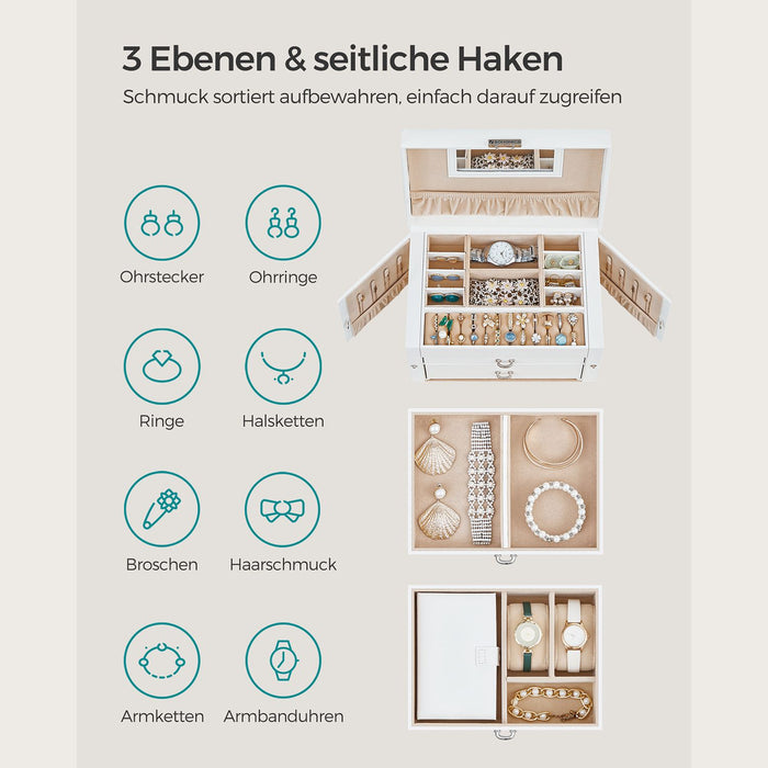 AUSLAUF SONGMICS | Jewellery Box, Organiser with 2 Drawers, Lockable Case with Mirror, tragbar Travel Case, for Rings, Bracelets, Earrings, Necklaces, Velvet Lining, Gift, weiß JBC121W