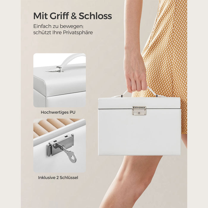 AUSLAUF SONGMICS | Jewellery Box, Organiser with 2 Drawers, Lockable Case with Mirror, tragbar Travel Case, for Rings, Bracelets, Earrings, Necklaces, Velvet Lining, Gift, weiß JBC121W