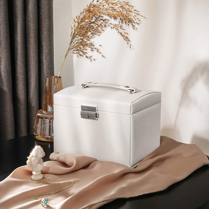 AUSLAUF SONGMICS | 3-Tier Jewellery Box, Travel Jewellery Case with Handle, 2 Drawers, Lockable Jewellery Organiser with Mirror, Jewellery Storage, Modern Style, Gift for Loved Ones, weiß JBC154W01