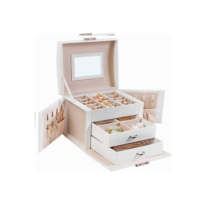 AUSLAUF SONGMICS | 3-Tier Jewellery Box, Travel Jewellery Case with Handle, 2 Drawers, Lockable Jewellery Organiser with Mirror, Jewellery Storage, Modern Style, Gift for Loved Ones, weiß JBC154W01