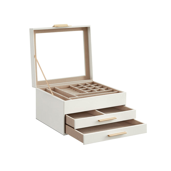 AUSLAUF SONGMICS | Jewellery Box with Glass Lid, 3-Layer Jewellery Organiser with 2 Drawers, Jewellery Storage, Plenty of Storage Space, Modern Style, Gift for Loved Ones, Cloud weiß und gold JBC239WT