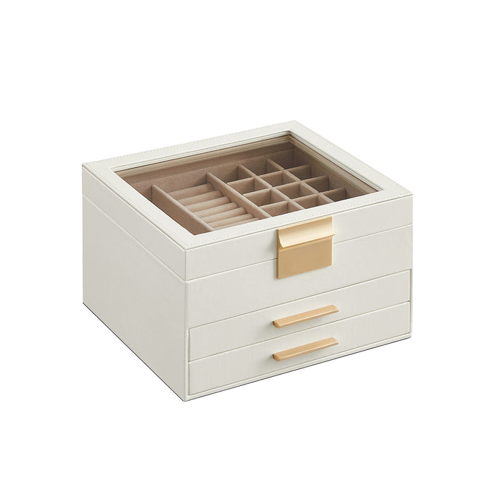 AUSLAUF SONGMICS | Jewellery Box with Glass Lid, 3-Layer Jewellery Organiser with 2 Drawers, Jewellery Storage, Plenty of Storage Space, Modern Style, Gift for Loved Ones, Cloud weiß und gold JBC239WT