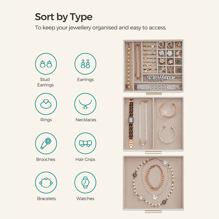 AUSLAUF SONGMICS | Jewellery Box with Glass Lid, 3-Layer Jewellery Organiser with 2 Drawers, Jewellery Storage, Plenty of Storage Space, Modern Style, Gift for Loved Ones, Cloud weiß und gold JBC239WT