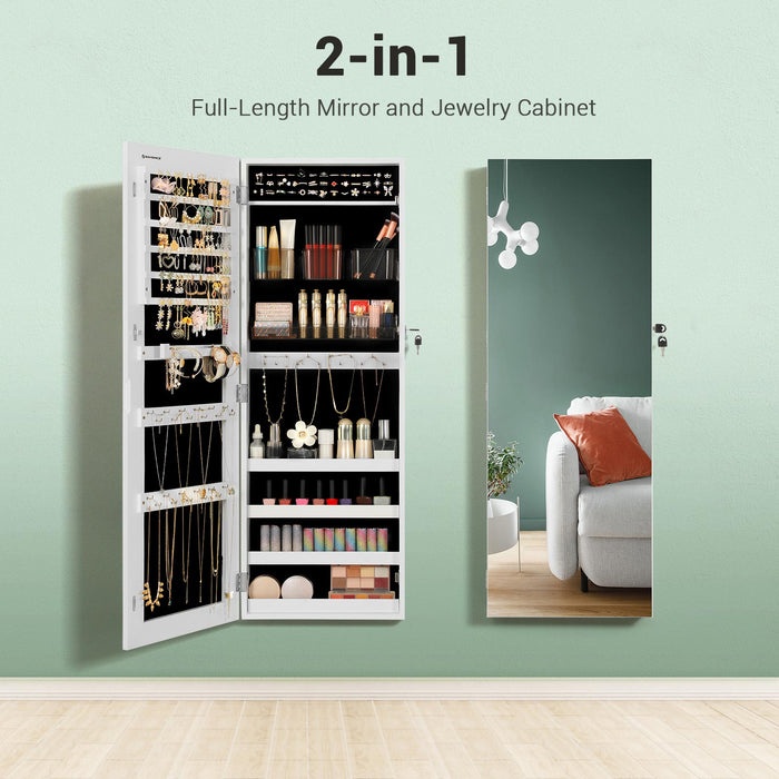 AUSLAUF SONGMICS | Jewellery Cabinet Armoire, Lockable Wall-Mounted Storage Organiser Unit with 2 Plastic Cosmetic Storage Trays, Full-Length Frameless Mirror, for Necklace Earring, weiß JJC001W01