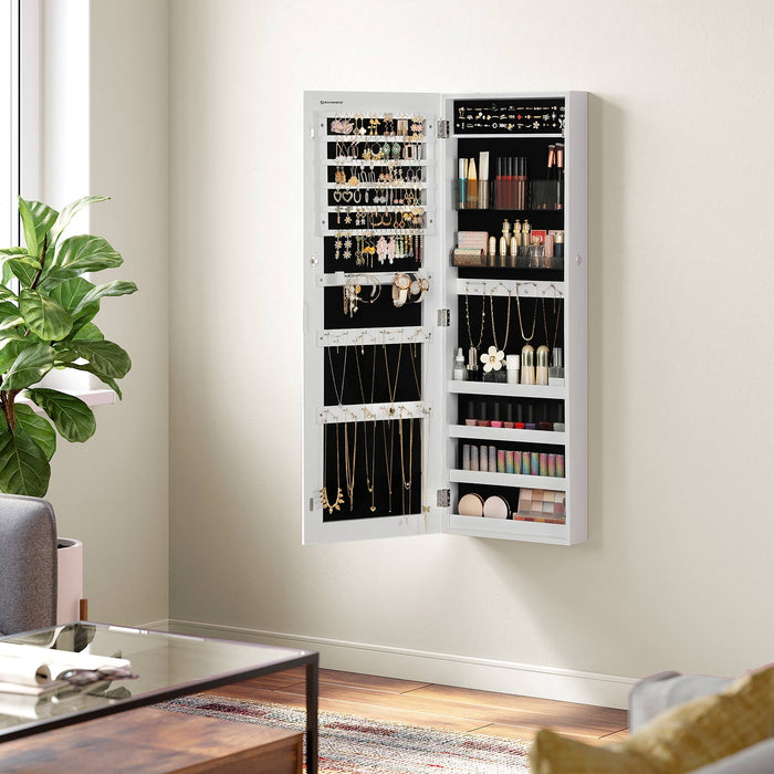 AUSLAUF SONGMICS | Jewellery Cabinet Armoire, Lockable Wall-Mounted Storage Organiser Unit with 2 Plastic Cosmetic Storage Trays, Full-Length Frameless Mirror, for Necklace Earring, weiß JJC001W01