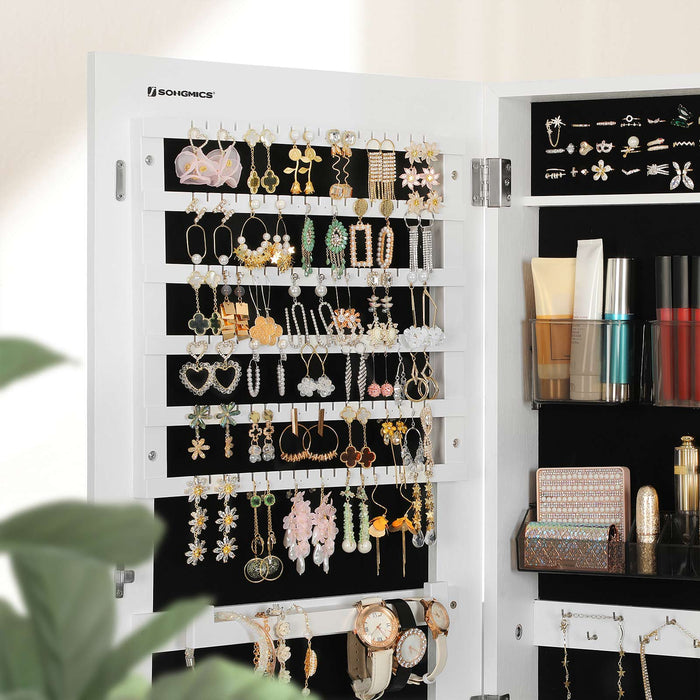 AUSLAUF SONGMICS | Jewellery Cabinet Armoire, Lockable Wall-Mounted Storage Organiser Unit with 2 Plastic Cosmetic Storage Trays, Full-Length Frameless Mirror, for Necklace Earring, weiß JJC001W01