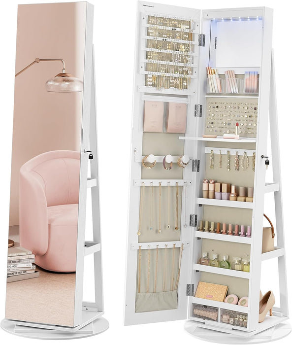 AUSLAUF SONGMICS | 6 LEDs Lockable Mirror Jewelry Cabinet, 360° Swivel Jewelry Organizer, Standing Jewelry Armoire, Frameless Full-Length Mirror, 3 Storage Shelves, weiß Surface, Greige Lining JJC007W02V1