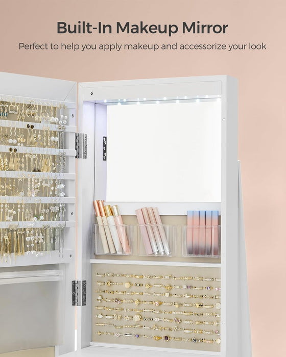 AUSLAUF SONGMICS | 6 LEDs Lockable Mirror Jewelry Cabinet, 360° Swivel Jewelry Organizer, Standing Jewelry Armoire, Frameless Full-Length Mirror, 3 Storage Shelves, weiß Surface, Greige Lining JJC007W02V1
