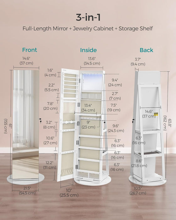 AUSLAUF SONGMICS | 6 LEDs Lockable Mirror Jewelry Cabinet, 360° Swivel Jewelry Organizer, Standing Jewelry Armoire, Frameless Full-Length Mirror, 3 Storage Shelves, weiß Surface, Greige Lining JJC007W02V1