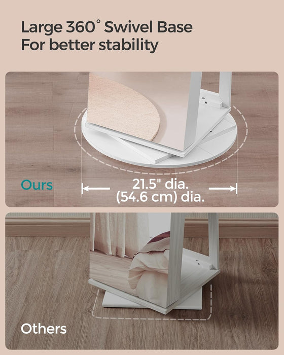 AUSLAUF SONGMICS | 6 LEDs Lockable Mirror Jewelry Cabinet, 360° Swivel Jewelry Organizer, Standing Jewelry Armoire, Frameless Full-Length Mirror, 3 Storage Shelves, weiß Surface, Greige Lining JJC007W02V1