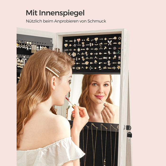 AUSLAUF SONGMICS | Freestanding Jewellery Cabinet, 360° Swivel Jewellery Organiser with Mirror, Shelves, 3-in-1 Lockable Jewellery Armoire, Cosmetics Storage Cabinet, weiß with Greyish Wood Grain JBC62W