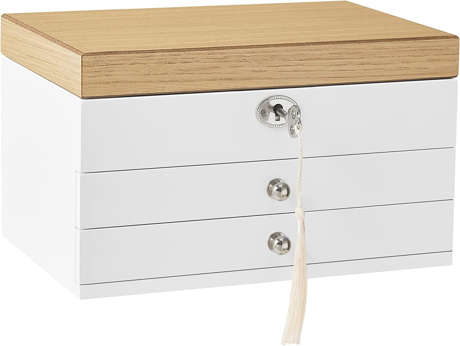 AUSLAUF SONGMICS | Jewellery Box, 3-Tier Jewellery Organiser with Large Mirror, 2 Drawers, Lockable, Gift for Loved Ones, for Rings, Earrings, Bracelets, Necklaces, weiß und Wood Grain Colour JOW15WNV1