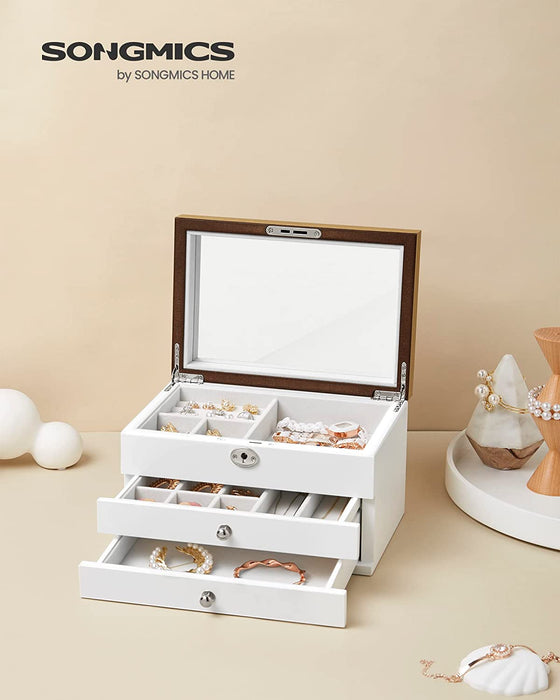AUSLAUF SONGMICS | Jewellery Box, 3-Tier Jewellery Organiser with Large Mirror, 2 Drawers, Lockable, Gift for Loved Ones, for Rings, Earrings, Bracelets, Necklaces, weiß und Wood Grain Colour JOW15WNV1
