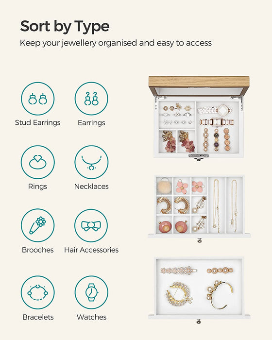 AUSLAUF SONGMICS | Jewellery Box, 3-Tier Jewellery Organiser with Large Mirror, 2 Drawers, Lockable, Gift for Loved Ones, for Rings, Earrings, Bracelets, Necklaces, weiß und Wood Grain Colour JOW15WNV1