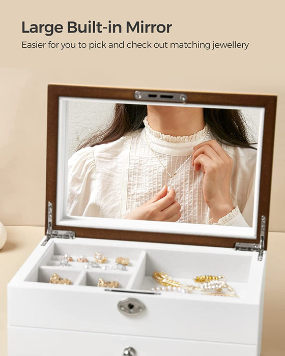 AUSLAUF SONGMICS | Jewellery Box, 3-Tier Jewellery Organiser with Large Mirror, 2 Drawers, Lockable, Gift for Loved Ones, for Rings, Earrings, Bracelets, Necklaces, weiß und Wood Grain Colour JOW15WNV1