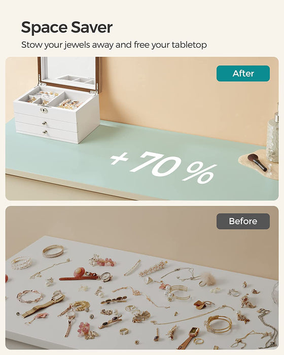 AUSLAUF SONGMICS | Jewellery Box, 3-Tier Jewellery Organiser with Large Mirror, 2 Drawers, Lockable, Gift for Loved Ones, for Rings, Earrings, Bracelets, Necklaces, weiß und Wood Grain Colour JOW15WNV1