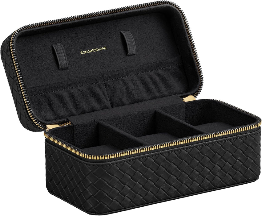 AUSLAUF SONGMICS HOME | RONNE Collection - 3-Slot Watch Travel Case, Watch Box for 3 Watches, Woven Embossed PU Leather, 10 x 20 x 9 cm, Gift Idea, Ink Black Surface, Ink Black Lining JWB017B01