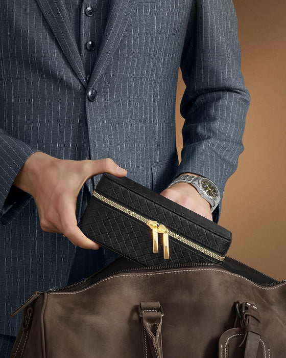 AUSLAUF SONGMICS HOME | RONNE Collection - 3-Slot Watch Travel Case, Watch Box for 3 Watches, Woven Embossed PU Leather, 10 x 20 x 9 cm, Gift Idea, Ink Black Surface, Slate grau Lining JWB017G01