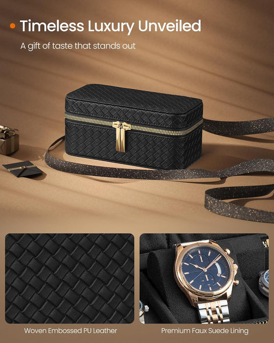 AUSLAUF SONGMICS HOME | RONNE Collection - 3-Slot Watch Travel Case, Watch Box for 3 Watches, Woven Embossed PU Leather, 10 x 20 x 9 cm, Gift Idea, Ink Black Surface, Ink Black Lining JWB017B01
