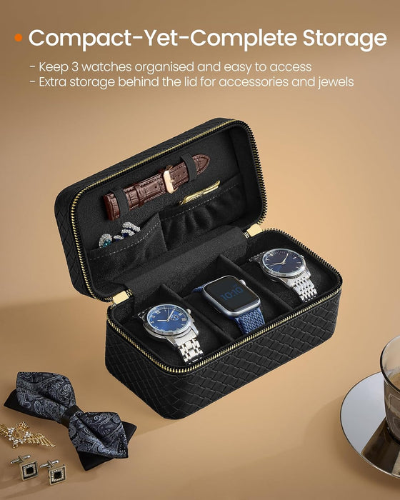 AUSLAUF SONGMICS HOME | RONNE Collection - 3-Slot Watch Travel Case, Watch Box for 3 Watches, Woven Embossed PU Leather, 10 x 20 x 9 cm, Gift Idea, Ink Black Surface, Ink Black Lining JWB017B01