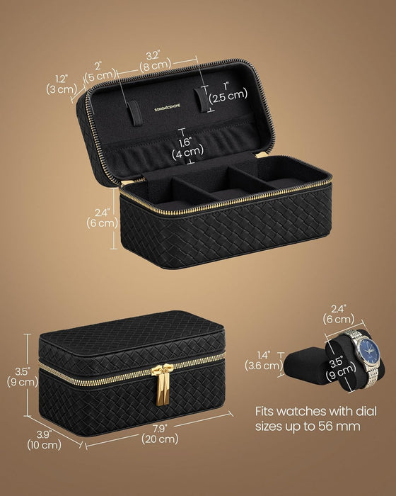 AUSLAUF SONGMICS HOME | RONNE Collection - 3-Slot Watch Travel Case, Watch Box for 3 Watches, Woven Embossed PU Leather, 10 x 20 x 9 cm, Gift Idea, Ink Black Surface, Ink Black Lining JWB017B01