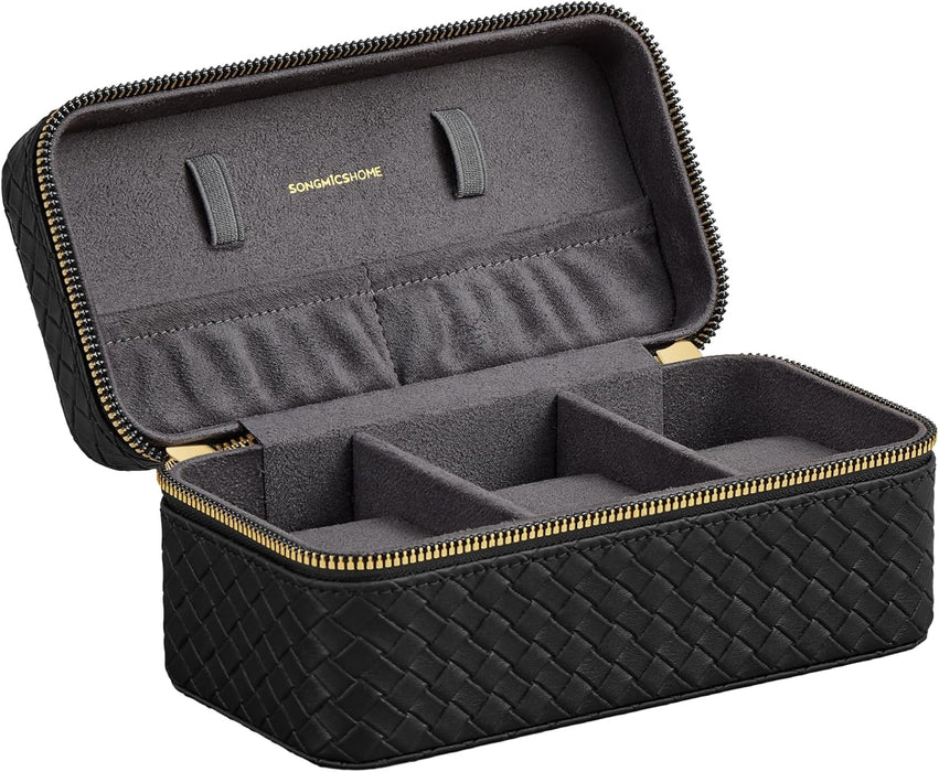 AUSLAUF SONGMICS HOME | RONNE Collection - 3-Slot Watch Travel Case, Watch Box for 3 Watches, Woven Embossed PU Leather, 10 x 20 x 9 cm, Gift Idea, Ink Black Surface, Slate grau Lining JWB017G01