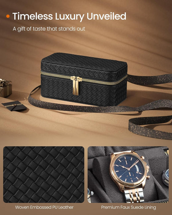 AUSLAUF SONGMICS HOME | RONNE Collection - 3-Slot Watch Travel Case, Watch Box for 3 Watches, Woven Embossed PU Leather, 10 x 20 x 9 cm, Gift Idea, Ink Black Surface, Slate grau Lining JWB017G01