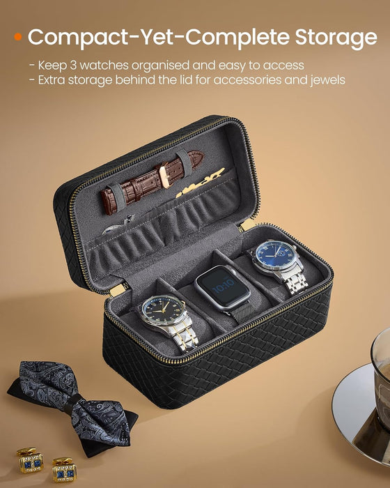 AUSLAUF SONGMICS HOME | RONNE Collection - 3-Slot Watch Travel Case, Watch Box for 3 Watches, Woven Embossed PU Leather, 10 x 20 x 9 cm, Gift Idea, Ink Black Surface, Slate grau Lining JWB017G01