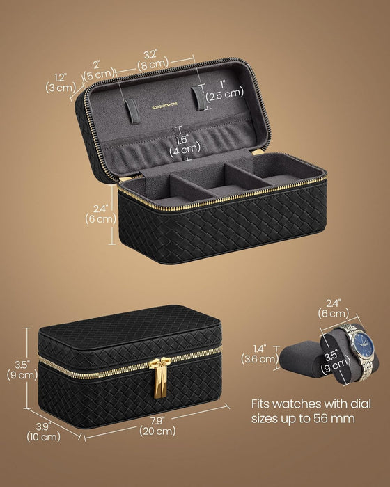 AUSLAUF SONGMICS HOME | RONNE Collection - 3-Slot Watch Travel Case, Watch Box for 3 Watches, Woven Embossed PU Leather, 10 x 20 x 9 cm, Gift Idea, Ink Black Surface, Slate grau Lining JWB017G01