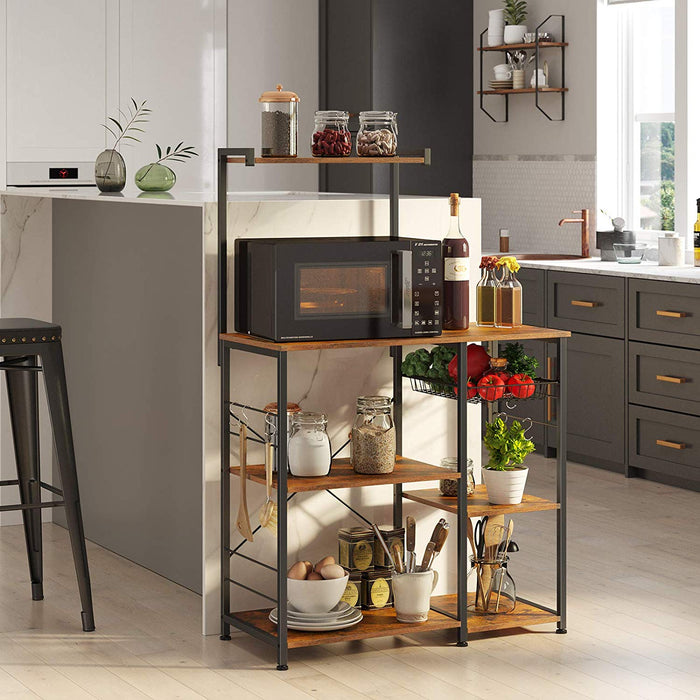 AUSLAUF VASAGLE | Baker’s Rack with Shelves, Microwave Stand with Wire Basket, 6 S-Hooks, Kitchen Shelf, Utility Storage for Spices, Pots, und Pans, rustikal braun KKS35X