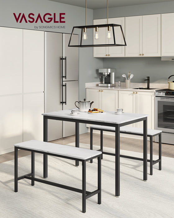 AUSLAUF VASAGLE | Dining Table Set for 4, Kitchen Table with 2 Benches, 27.6 x 43.3 x 29.5 Inches Dining Room Table, 11.8 x 38.2 x 19.7 Inches Bench, Marble weiß und Ink Black UKDT070B59