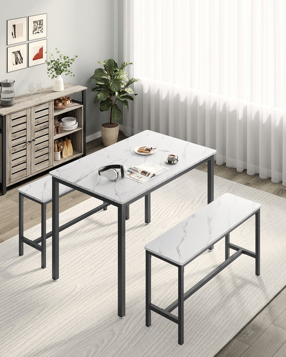 AUSLAUF VASAGLE | Dining Table Set for 4, Kitchen Table with 2 Benches, 27.6 x 43.3 x 29.5 Inches Dining Room Table, 11.8 x 38.2 x 19.7 Inches Bench, Marble weiß und Ink Black UKDT070B59