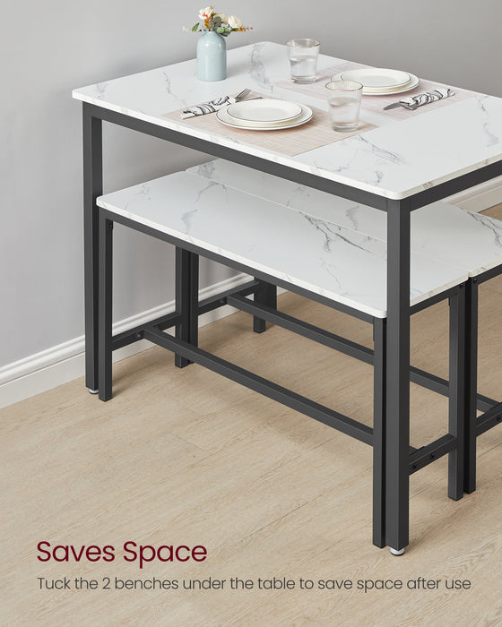 AUSLAUF VASAGLE | Dining Table Set for 4, Kitchen Table with 2 Benches, 27.6 x 43.3 x 29.5 Inches Dining Room Table, 11.8 x 38.2 x 19.7 Inches Bench, Marble weiß und Ink Black UKDT070B59