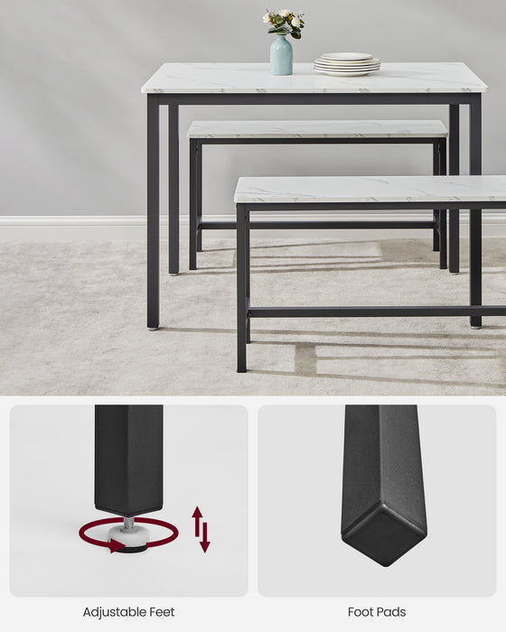 AUSLAUF VASAGLE | Dining Table Set for 4, Kitchen Table with 2 Benches, 27.6 x 43.3 x 29.5 Inches Dining Room Table, 11.8 x 38.2 x 19.7 Inches Bench, Marble weiß und Ink Black UKDT070B59