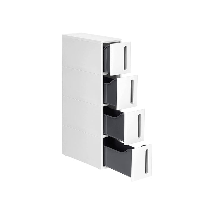 AUSLAUF SONGMICS | Plastic Storage Drawers, Narrow Storage Trolley on Wheels, 4-Drawer Storage Unit Tower for Bathroom Kitchen, Space-Saving, 45 x 17 x 83 cm, weiß und grau KFR008G01