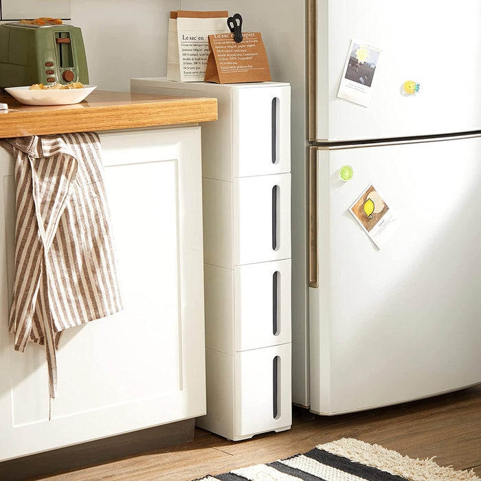 AUSLAUF SONGMICS | Plastic Storage Drawers, Narrow Storage Trolley on Wheels, 4-Drawer Storage Unit Tower for Bathroom Kitchen, Space-Saving, 45 x 17 x 83 cm, weiß und grau KFR008G01