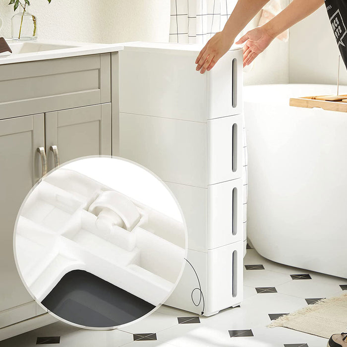 AUSLAUF SONGMICS | Plastic Storage Drawers, Narrow Storage Trolley on Wheels, 4-Drawer Storage Unit Tower for Bathroom Kitchen, Space-Saving, 45 x 17 x 83 cm, weiß und grau KFR008G01