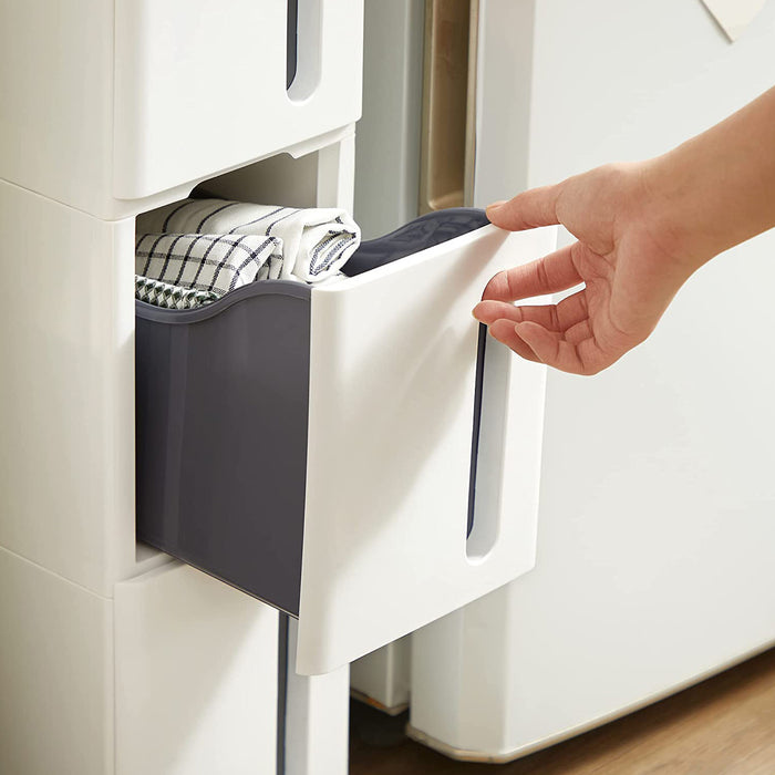 AUSLAUF SONGMICS | Plastic Storage Drawers, Narrow Storage Trolley on Wheels, 4-Drawer Storage Unit Tower for Bathroom Kitchen, Space-Saving, 45 x 17 x 83 cm, weiß und grau KFR008G01