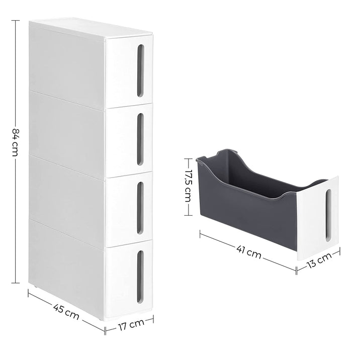AUSLAUF SONGMICS | Plastic Storage Drawers, Narrow Storage Trolley on Wheels, 4-Drawer Storage Unit Tower for Bathroom Kitchen, Space-Saving, 45 x 17 x 83 cm, weiß und grau KFR008G01