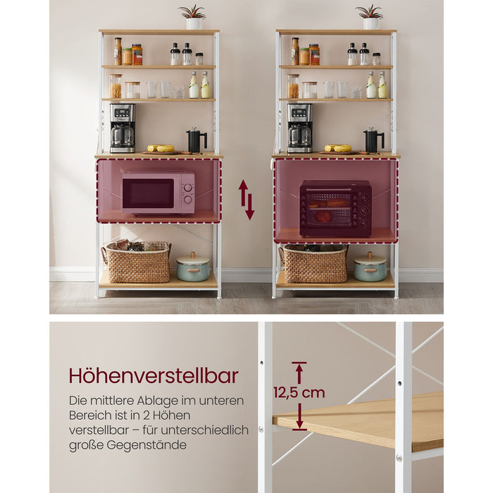 AUSLAUF VASAGLE | Kitchen Shelf Stand Rack Microwave Shelf Stand 6 Tier 6 Shelves und 6 Hooks Microwave Steel Frame Industrial Design 40 x 80 x 167 cm Oak weiß KKS019W09