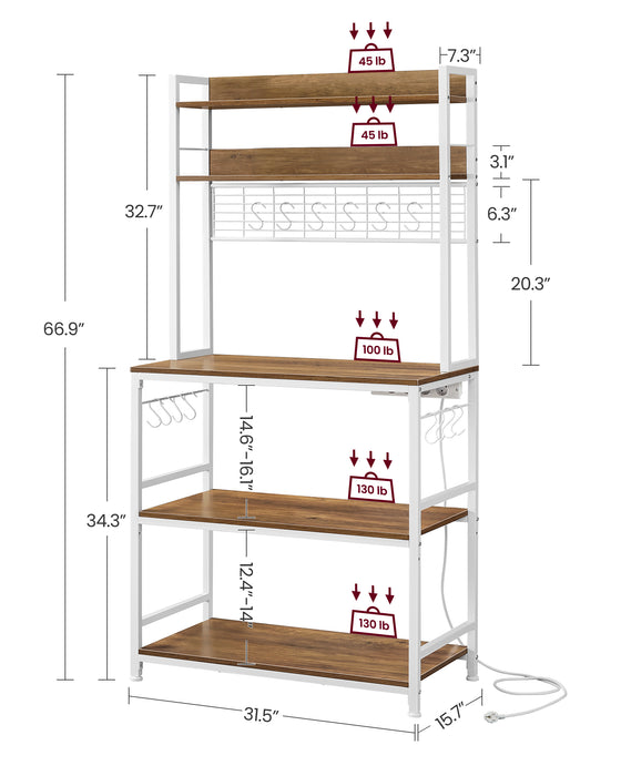 AUSLAUF VASAGLE | KKS025W41EU Kitchen Shelf with Sockets, Microwave Shelf with Grid Plate, 14 Hooks, 40 x 80 x 170 cm, Vintage Brown/weiß
