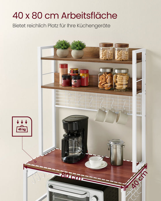 AUSLAUF VASAGLE | KKS025W41EU Kitchen Shelf with Sockets, Microwave Shelf with Grid Plate, 14 Hooks, 40 x 80 x 170 cm, Vintage Brown/weiß