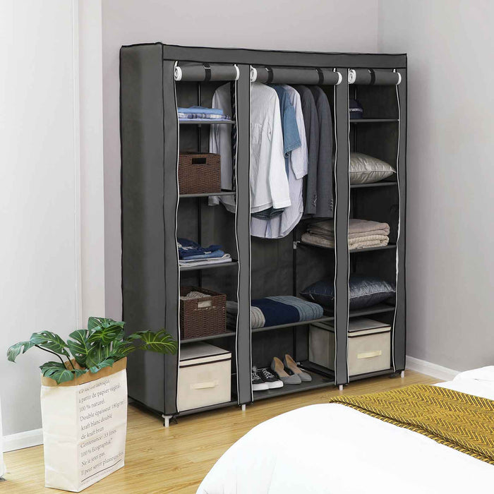 AUSLAUF SONGMICS | tragbar Wardrobe, faltbar Closet, Clothes Storage Organiser with Hanging Rail, Shelves, Fabric Cover, for Bedroom, Cloakroom, 150 x 45 x 175 cm, grau LSF03G