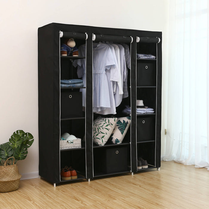 AUSLAUF SONGMICS | tragbar Wardrobe, faltbar Closet, Clothes Storage Organiser with Hanging Rail, Shelves, Fabric Cover, for Bedroom, Cloakroom, 150 x 45 x 175 cm, Black LSF03H