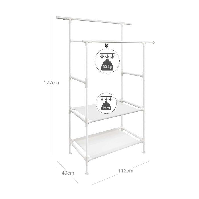 AUSLAUF SONGMICS | Clothes Rack, Metal Clothing Stand with 2 Hanging Rails und 2 Storage Shelves, Max. Load 70 kg, Easy Assembly, weiß RDR02WT