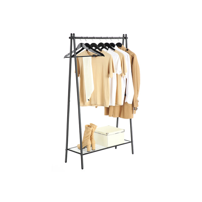 AUSLAUF SONGMICS | Clothes Rack with Steel Structure, Garment Rack with Hanging Rail, Bottom Shelf, Simple Look, for Bedroom Entrance Attic Basement, 92.5 x 33.5 x 153 cm, Matte Black HSR23BK